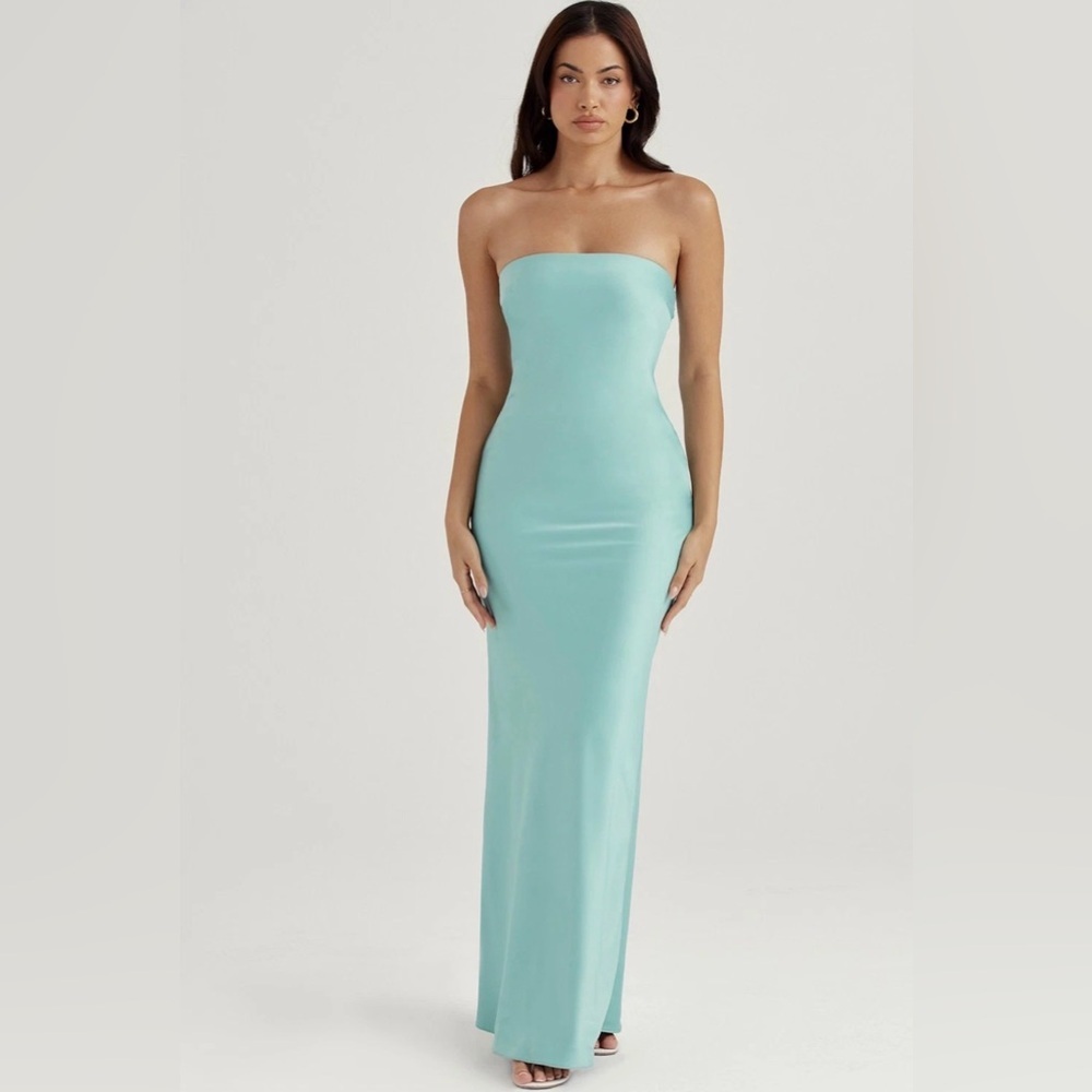 House of CB Alette Jade Satin Strapless Maxi Dress